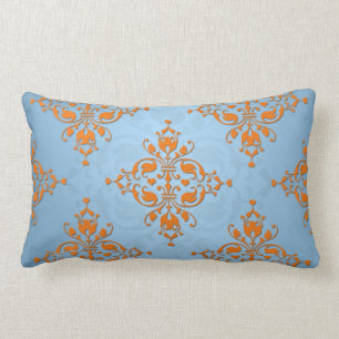 Cute Orange and Blue Damask Lumbar Pillow