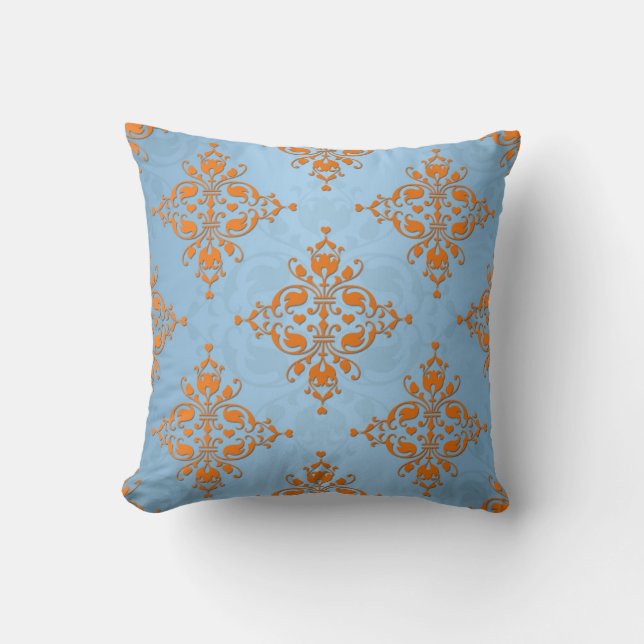 Cute Orange and Blue Damask Throw Pillow (Front)
