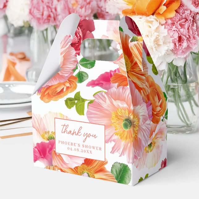 Cute Orange and Bright Pink Floral Bridal Gable Favor Box (Creator Uploaded)