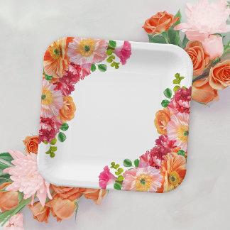 Cute Orange and Bright Pink Floral Bridal Shower Paper Plate