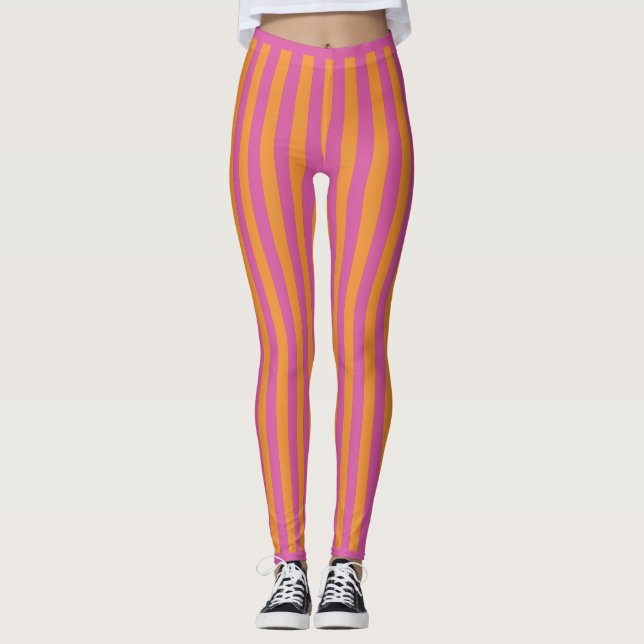 Cute orange and pink vertical stripes. leggings (Front)