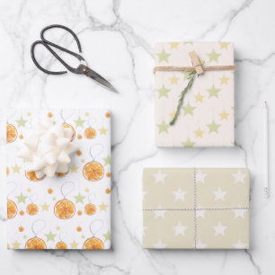 Cute Orange and Stars On Winter White Wrapping Paper Sheet