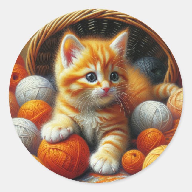 Cute Orange and White Kitten  Playing in Yarn Classic Round Sticker (Front)