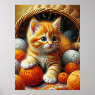 Cute Orange and White Kitten  Playing in Yarn Poster