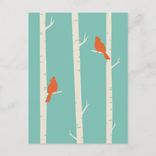 Cute Orange Birds Perched on Birch Trees Postcard