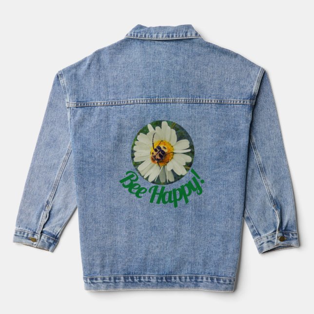 Cute Orange & Black Bee on Daisy Circle Design Denim Jacket (Back)