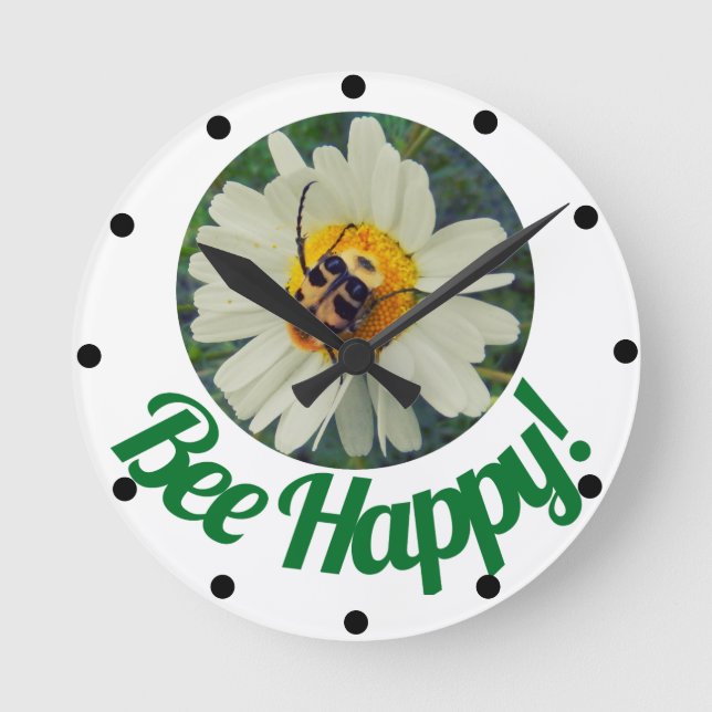 Cute Orange & Black Bee on Daisy Circle Design Round Clock (Front)