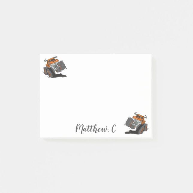 Cute Orange Black Monster Truck Name Personalized Post-it Notes (Front)