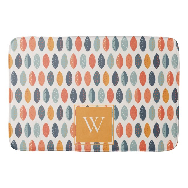 Cute Orange Blue Leafy Botanical Monogram Pattern Bath Mat (Front)
