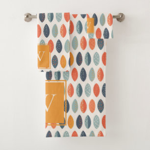 Cute Orange Blue Leafy Botanical Monogram Pattern Bath Towel Set