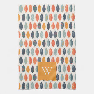 Cute Orange Blue Leafy Botanical Monogram Pattern Kitchen Towel