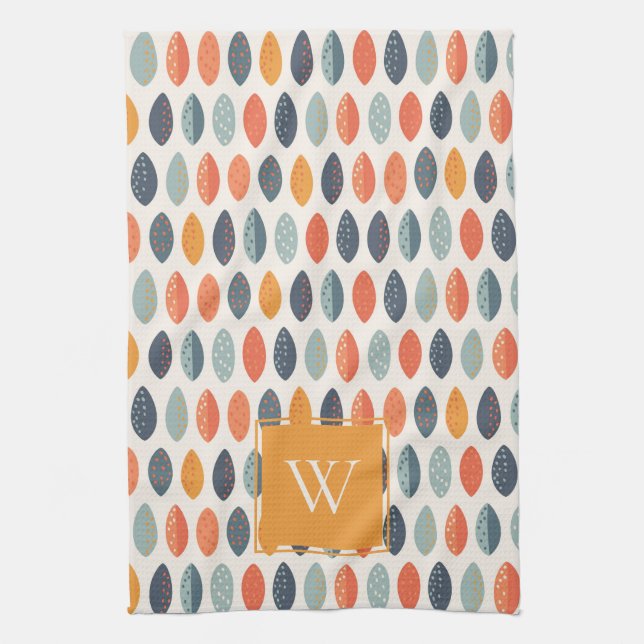 Cute Orange Blue Leafy Botanical Monogram Pattern Kitchen Towel (Vertical)