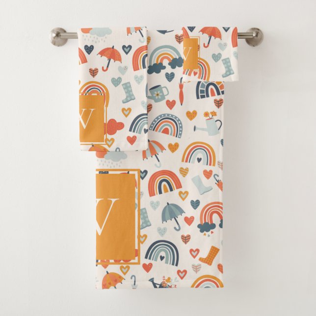 Cute Orange Blue Spring Rainbow Clouds Pattern Bath Towel Set (Insitu)