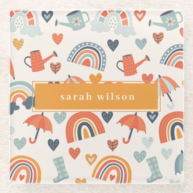 Cute Orange Blue Spring Rainbow Clouds Pattern Glass Coaster (Front)