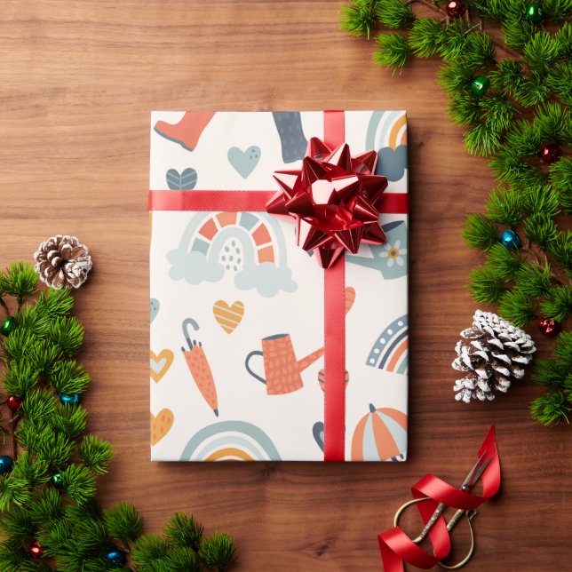 Cute Orange Blue Spring Rainbow Clouds Pattern Wra Wrapping Paper (Holiday Gift)