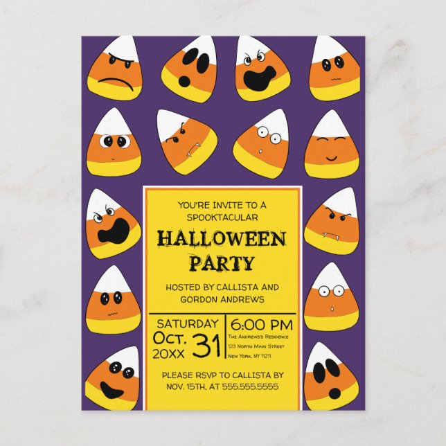 Cute Orange Candy Corn Emojis Halloween Party Invitation Postcard (Front)