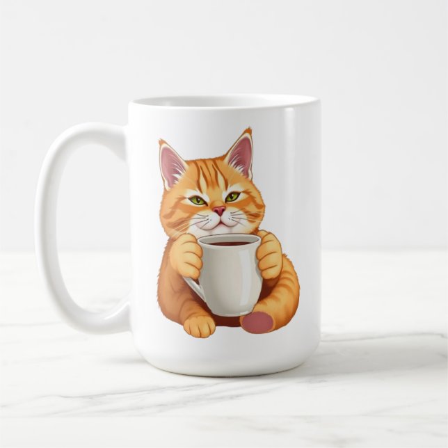Cute Orange Cat Drinking Coffee Funny Ginger Tabby Mug (Left)