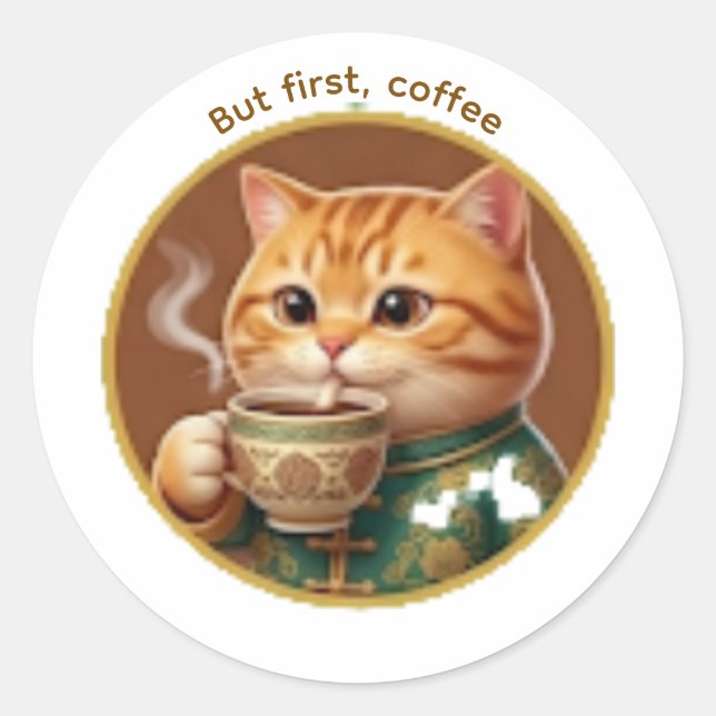 Cute Orange Cat Drinking Tea Coffee Sticker (Front)