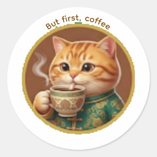 Cute Orange Cat Drinking Tea Coffee Sticker