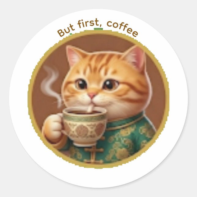 Cute Orange Cat Drinking Tea Coffee Sticker (Front)