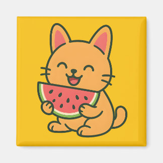 Cute Orange Cat Eating Watermelon Magnet | Funny F