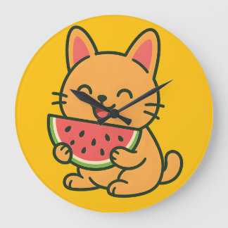 Cute Orange Cat Eating Watermelon Wall Clock 