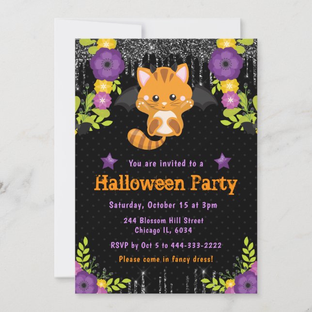 Cute Orange Cat Floral Halloween Party Invitation (Front)