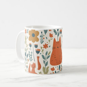 Cute Orange Cat Floral Mug   Scandinavian Folk Art