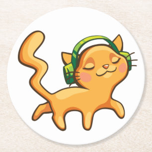  Cute Orange Cat Gift Headphones Funny Music Lover Round Paper Coaster