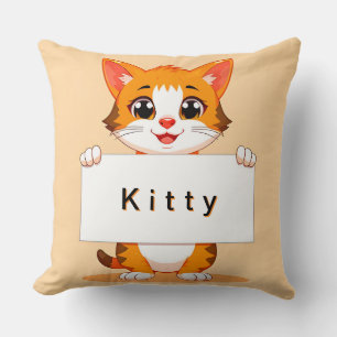 Cute Orange Cat Holding a Blank Signboard Throw Pillow