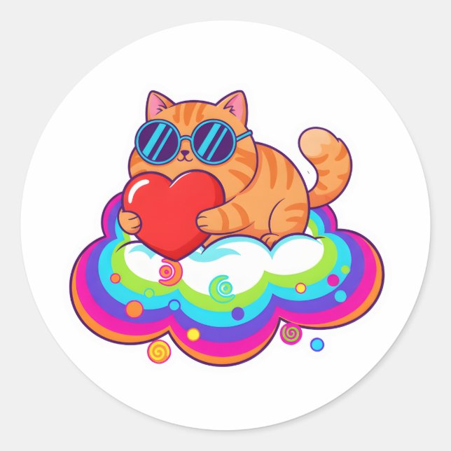 Cute Orange Cat Holding Red Heart on Rainbow Cloud Classic Round Sticker (Front)
