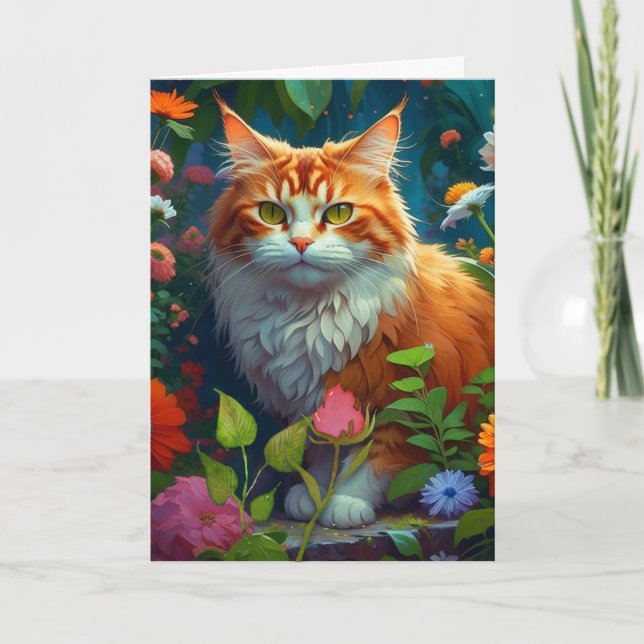 Cute Orange Cat in Colourful Flowers Birthday Card (Front)