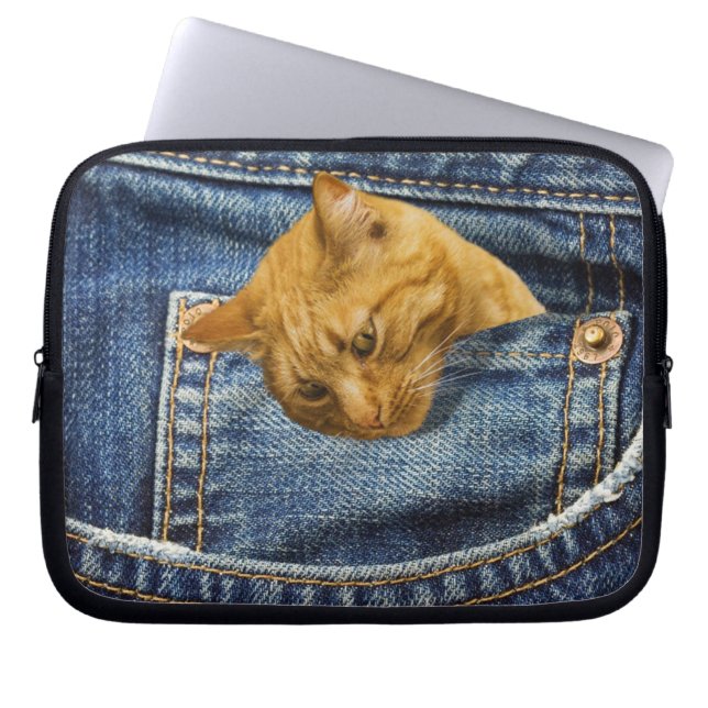 Cute Orange Cat in Denim Pocket Funny Animal Gift Laptop Sleeve (Front)