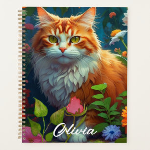 Cute Orange Cat in Flowers Personalized Planner