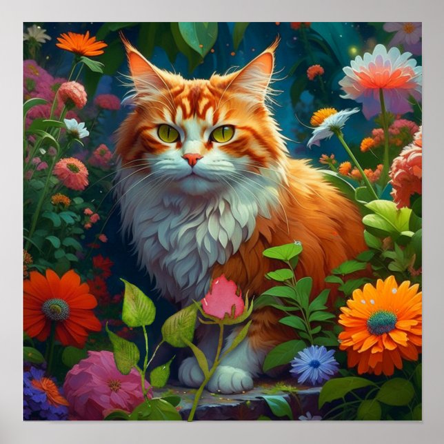 Cute Orange Cat in Flowers  Poster (Front)