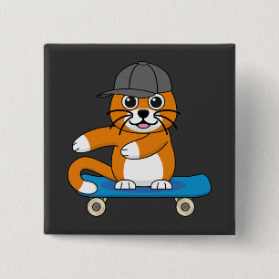 Cute Orange Cat on Skateboard Cartoon 2 Inch Square Button