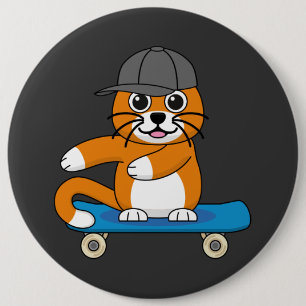 Cute Orange Cat on Skateboard Cartoon 6 Inch Round Button