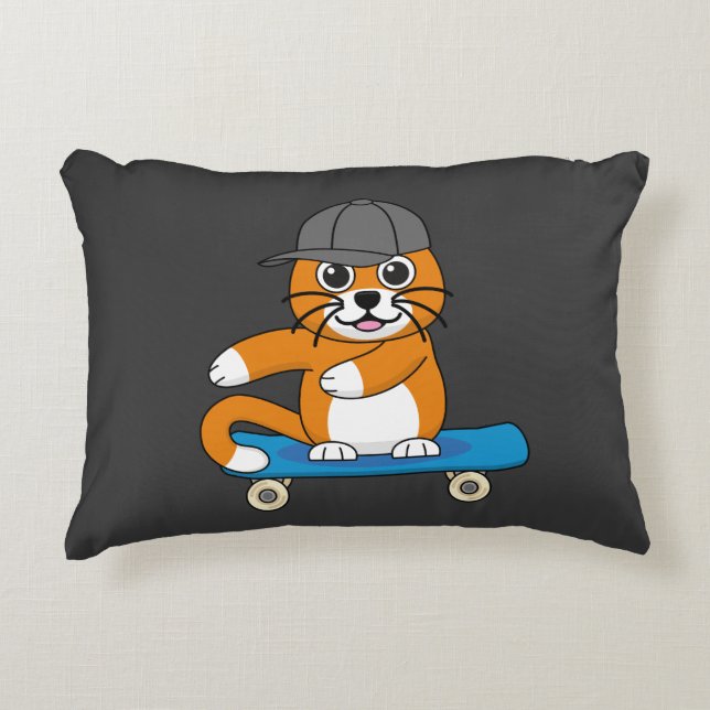 Cute Orange Cat on Skateboard Cartoon Accent Pillow (Front)