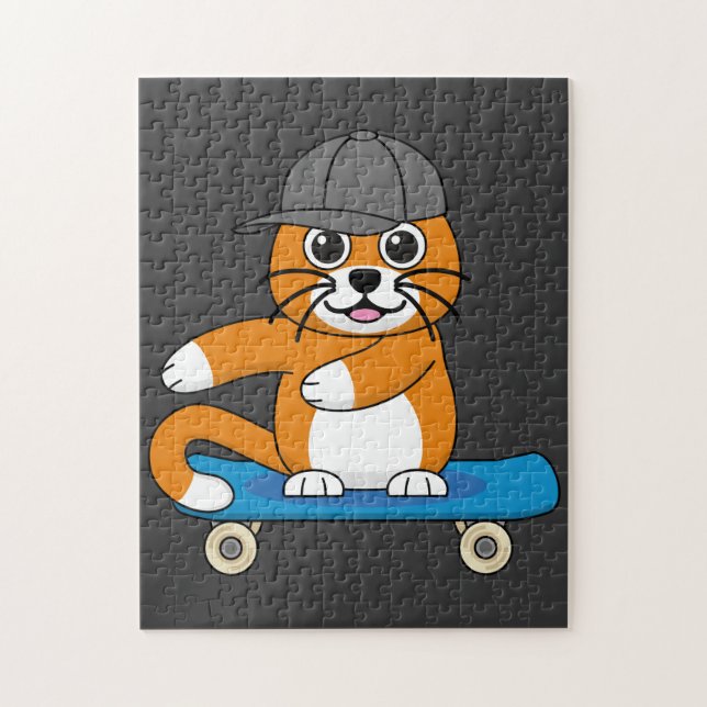 Cute Orange Cat on Skateboard Cartoon Jigsaw Puzzle (Vertical)