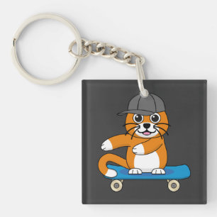 Cute Orange Cat on Skateboard Cartoon Keychain