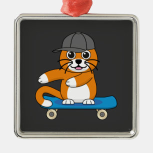 Cute Orange Cat on Skateboard Cartoon Metal Ornament