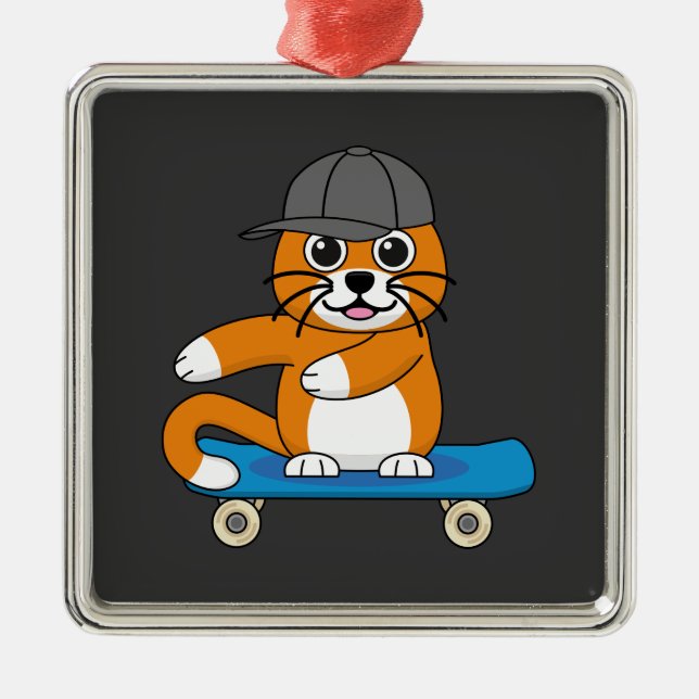 Cute Orange Cat on Skateboard Cartoon Metal Ornament (Front)