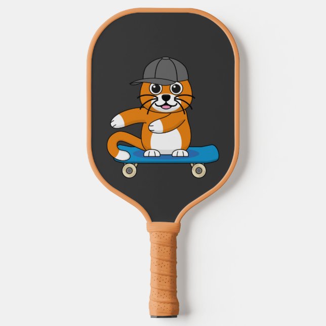 Cute Orange Cat on Skateboard Cartoon Pickleball Paddle (Front)
