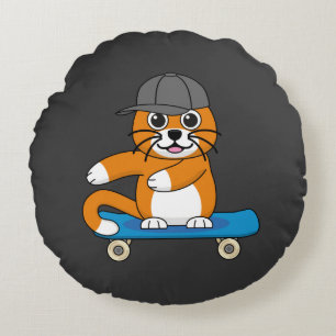 Cute Orange Cat on Skateboard Cartoon Round Pillow