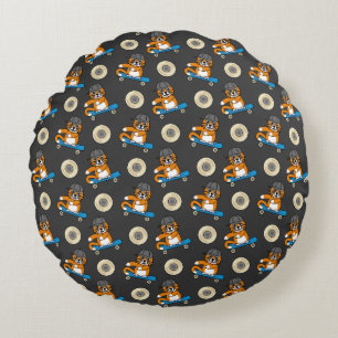 Cute Orange Cat on Skateboard Cartoon Round Pillow