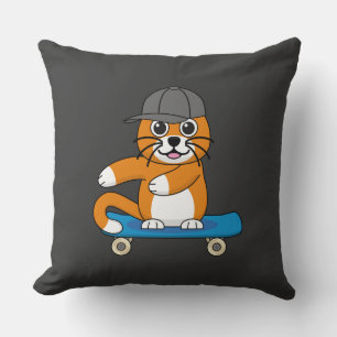 Cute Orange Cat on Skateboard Cartoon Throw Pillow