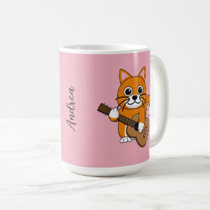 Cute Orange Cat Playing Guitar Cartoon Add Name Coffee Mug