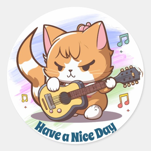 Cute Orange Cat Playing Guitar Classic Round Sticker (Front)