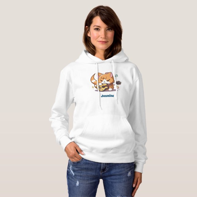 Cute Orange Cat Playing Guitar Hoodie (Front Full)