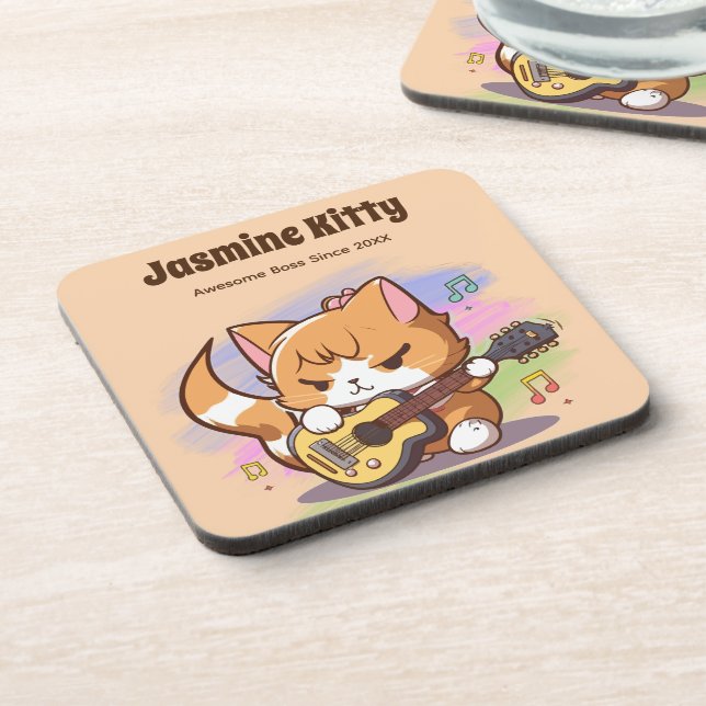 Cute Orange Cat Playing Guitar (Personalize) Coaster (Left Side)
